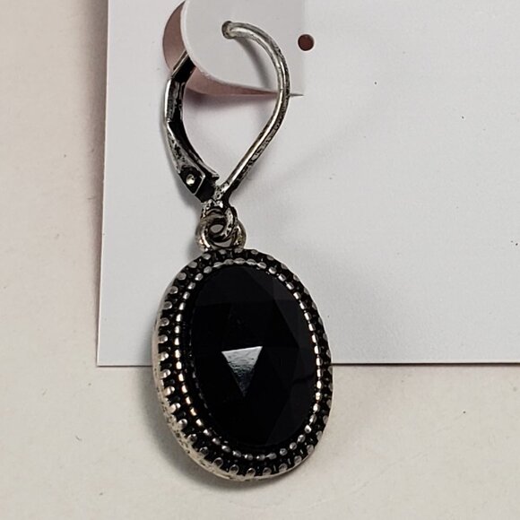 Silver Drop Earrings – Faceted Black Stones with Beaded Frame, Leverback Design - Picture 6 of 7